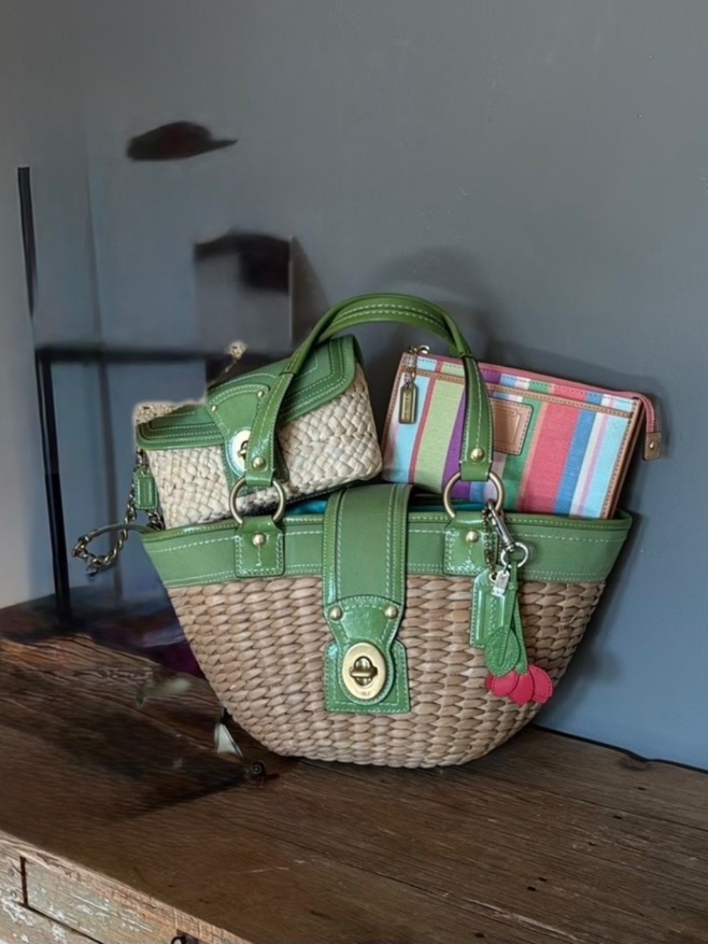 Coach ‘07 Hampton 3-Piece Green Straw Tote, Clutch, Slim Wallet-Striped Interior